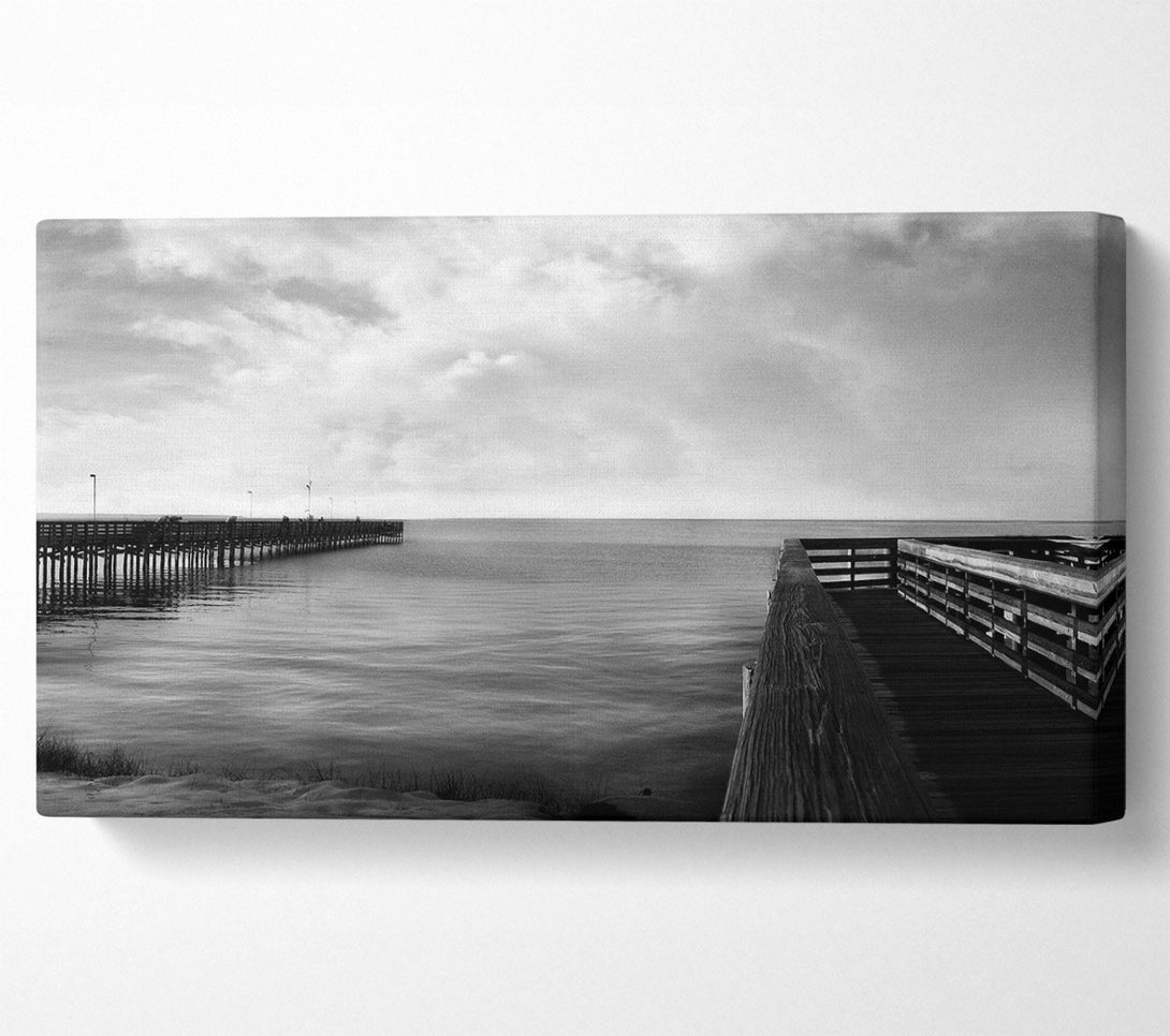  A Canvas Print of Twin Pier Ocean B n W Canvas Print