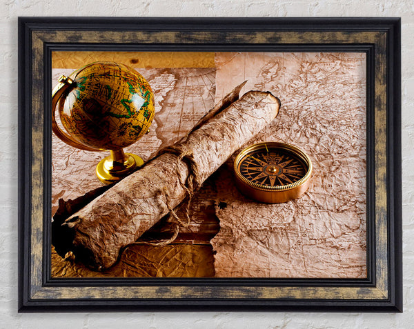 Old Maps And Compass With Globe Framed Print