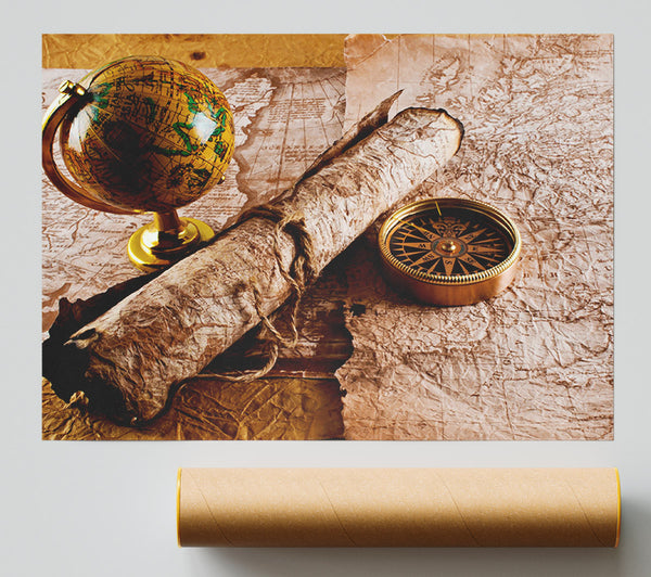 Old Maps And Compass With Globe Poster