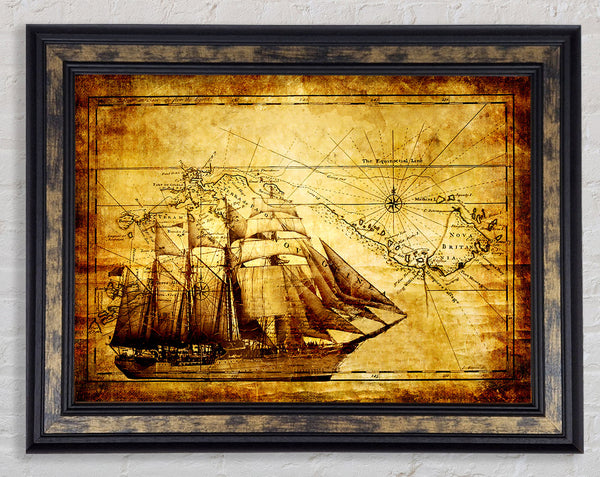 Old World Map With Ship Framed Print