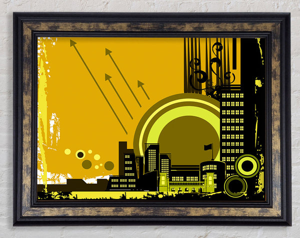 Contemporary City Sun Yellow Framed Print