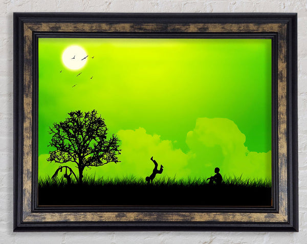 Children Playing Green Framed Print