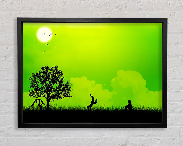 Children Playing Green Framed Print