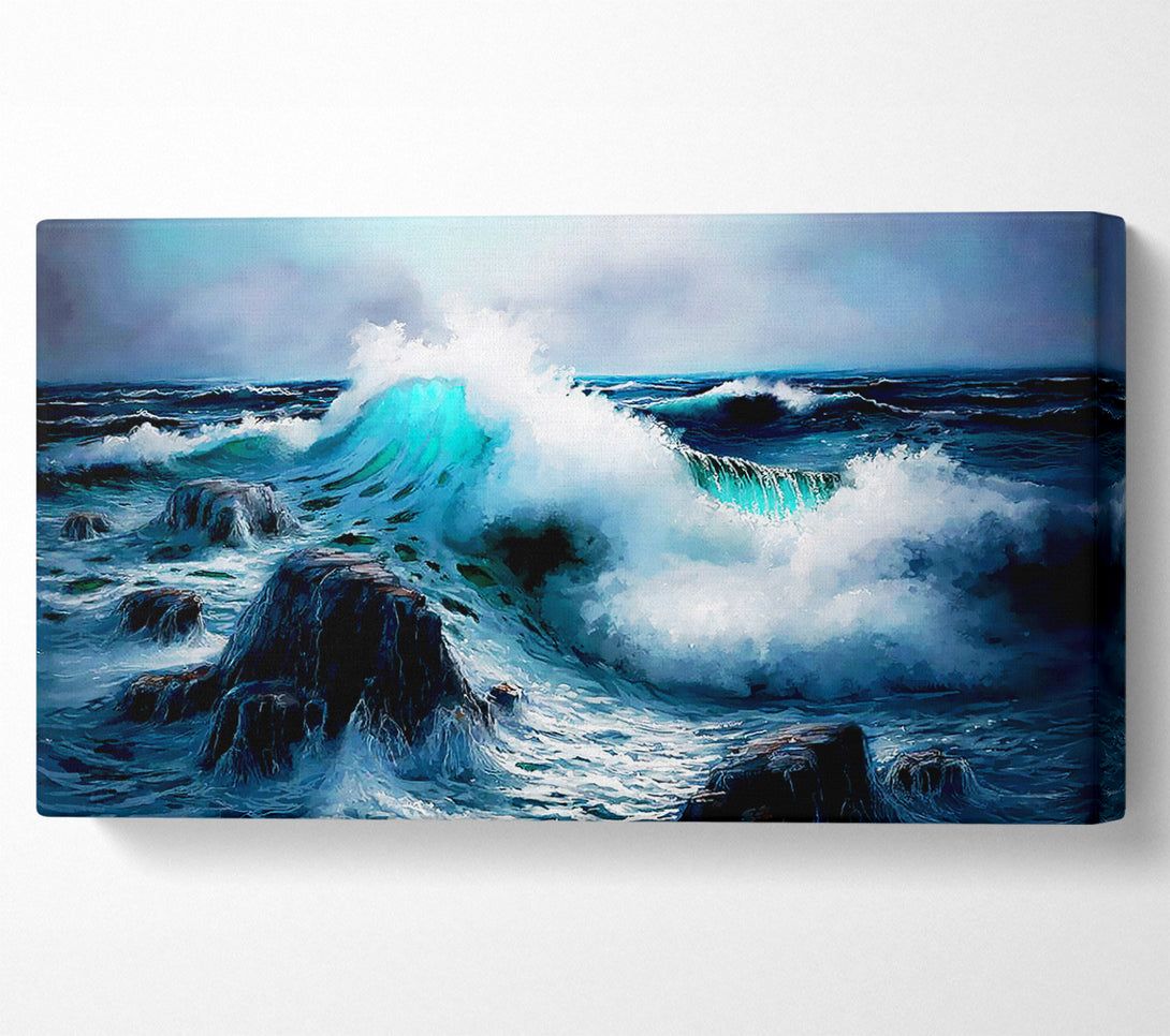  A Canvas Print of Waves Crashing On The Ocean Rocks Canvas Wall Art
