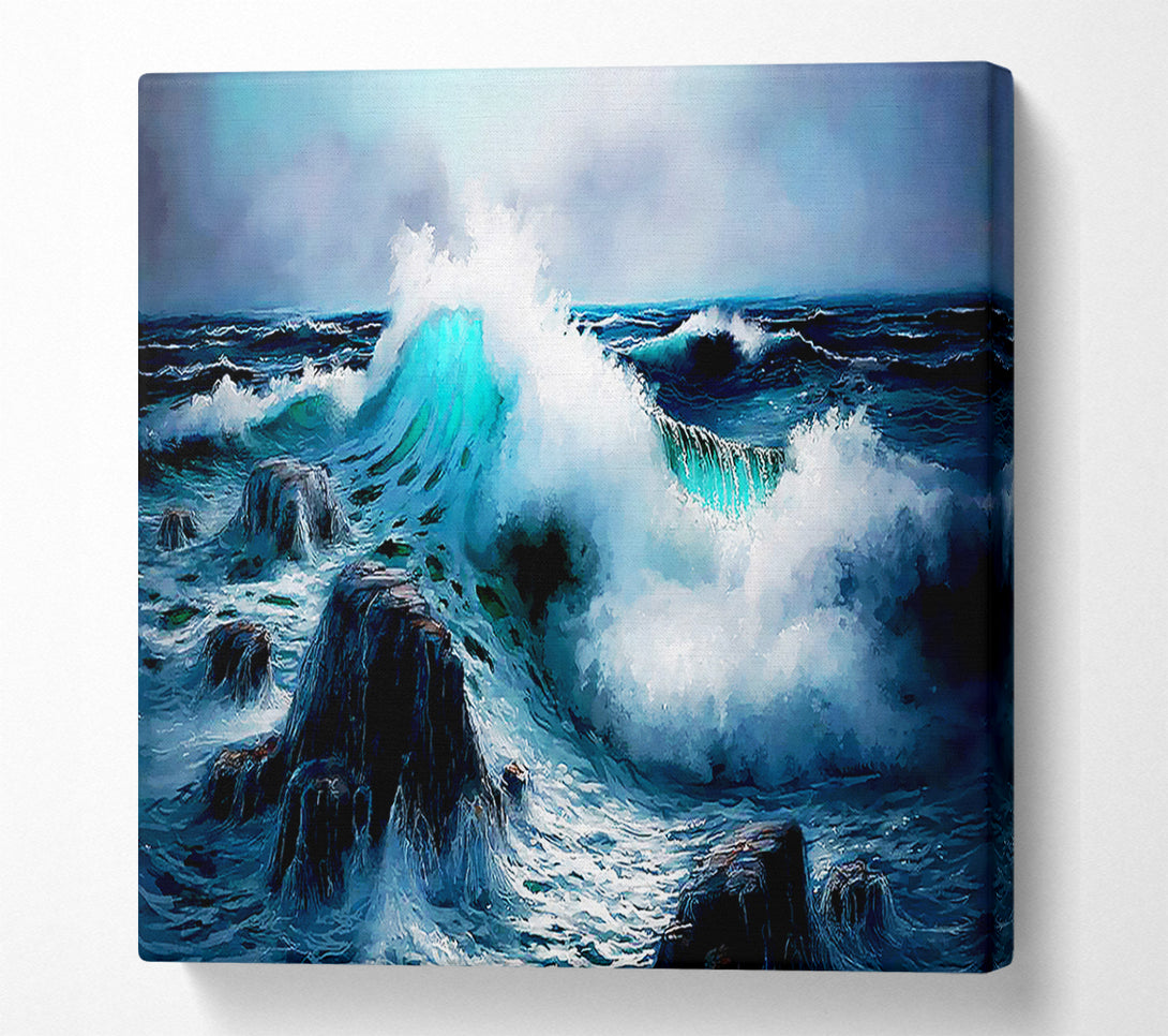  A Canvas Print of Waves Crashing On The Ocean Rocks Canvas Wall Art
