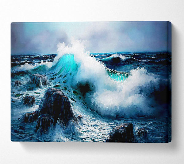  A Canvas Print of Waves Crashing On The Ocean Rocks Canvas Wall Art