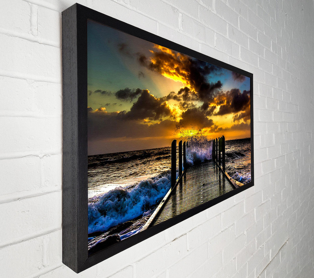  A Canvas Print of Waves Crashing On The Pier At Sunset Canvas Art