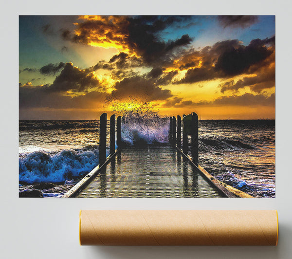 Waves Crashing On The Pier At Sunset Poster