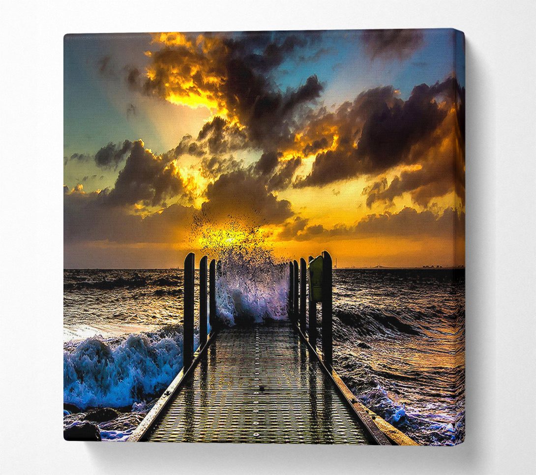  A Canvas Print of Waves Crashing On The Pier At Sunset Canvas Art