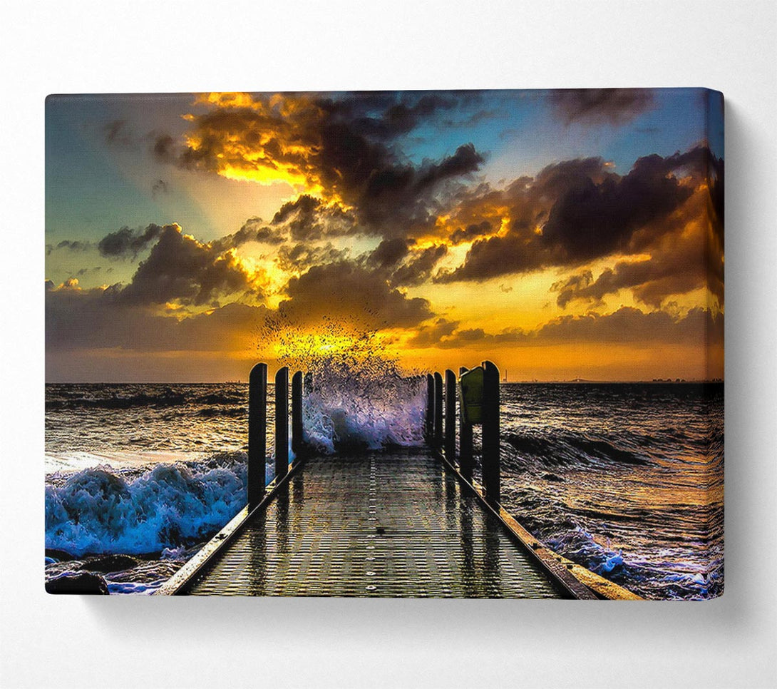  A Canvas Print of Waves Crashing On The Pier At Sunset Canvas Art