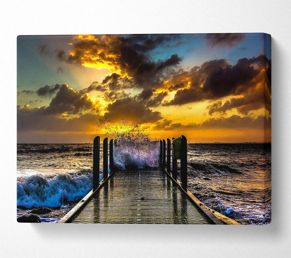  A Canvas Print of Waves Crashing On The Pier At Sunset Canvas Art