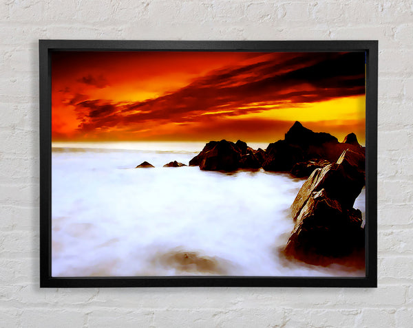 Stunning Red Sky Ocean Mist Framed Print