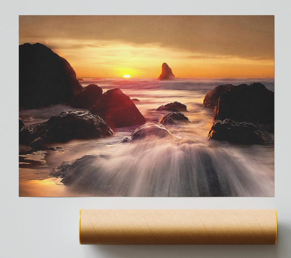 Ocean Waves Spilling On The Rocks Print