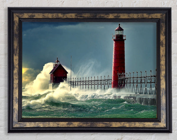 Lighthouse Stormy Sea Framed Print