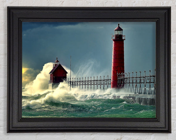 Lighthouse Stormy Sea Framed Print