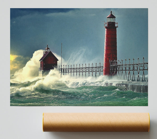 Lighthouse Stormy Sea Poster