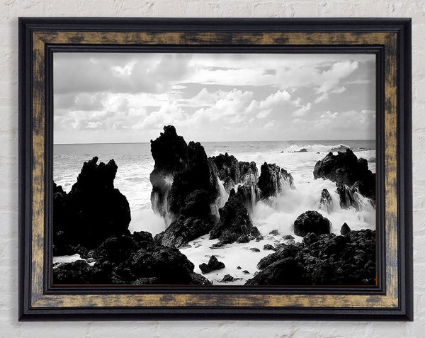 Crashing Waves Over Rocks B n W Framed Print