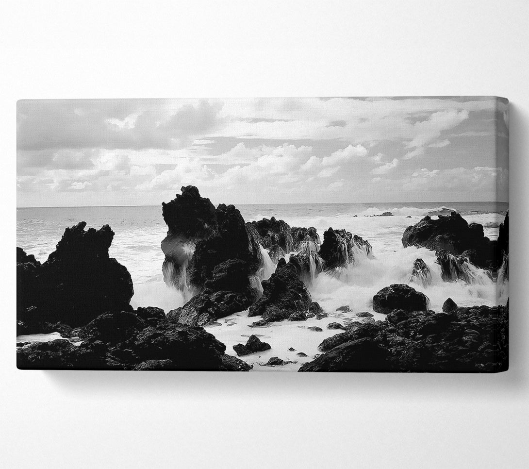  A Canvas Print of Crashing Waves Over Rocks B n W Canvas Wall Art