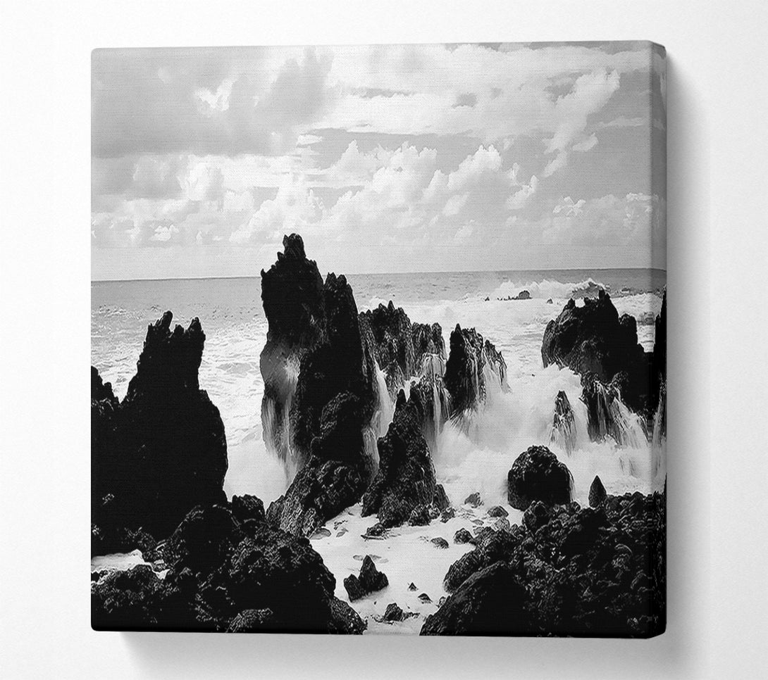  A Canvas Print of Crashing Waves Over Rocks B n W Canvas Wall Art