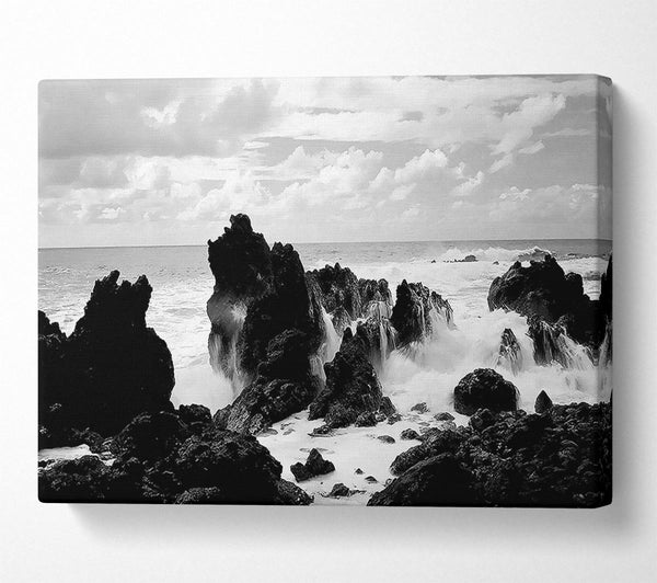  A Canvas Print of Crashing Waves Over Rocks B n W Canvas Wall Art