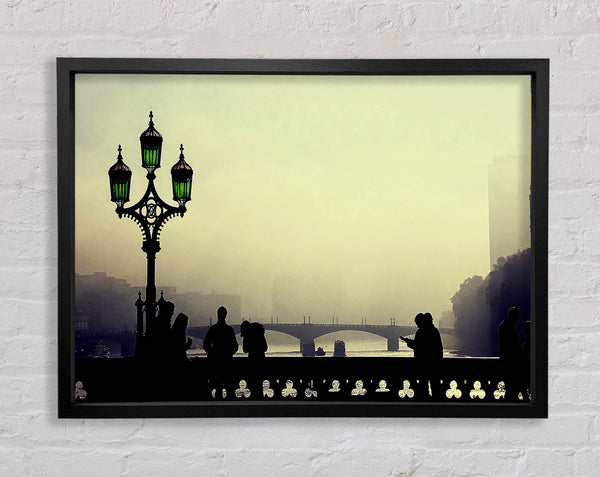 People On Misty Bridge Framed Print