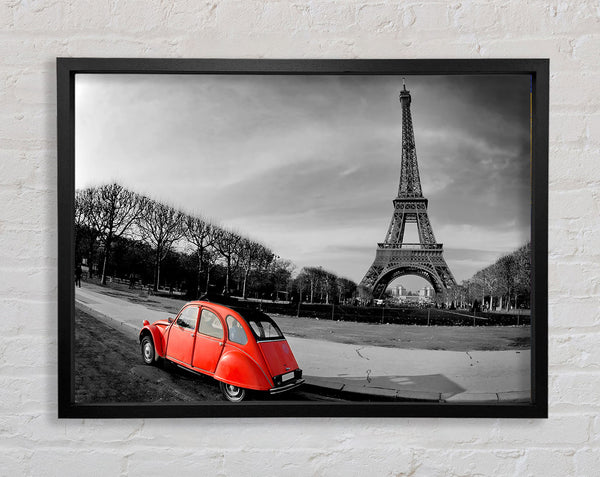 Red Car-Eiffel Tower Paris Framed Print