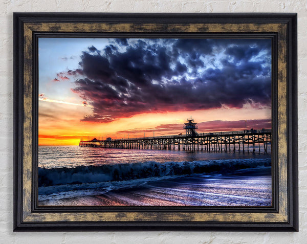 Pier Sunset Ocean Framed Print