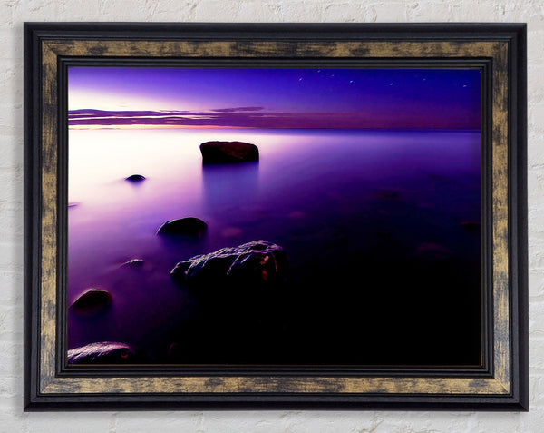 Foggy Purple Shore At Sunset Framed Print