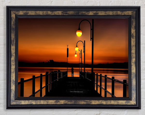 Pier Sunset Orange Framed Print