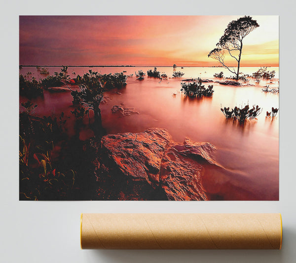 Tranquil Pink Ocean Trees Giclee Print