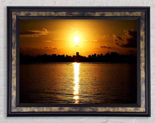 Sunset City Skyline Silhouette Framed Print