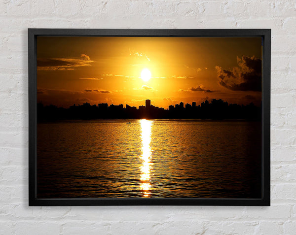 Sunset City Skyline Silhouette Framed Print