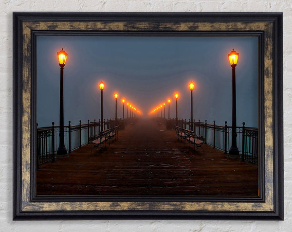 Foggy Pier Night Walk Framed Print