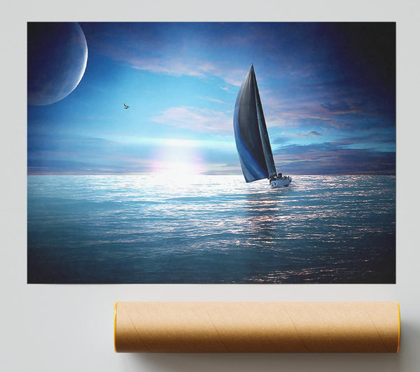 Sailing Boat In The Moonlit Ocean Print