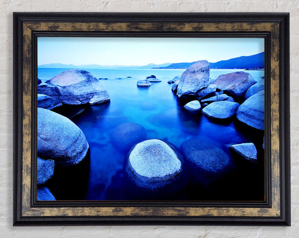 Blue Tranquil Ocean Rocks Framed Print