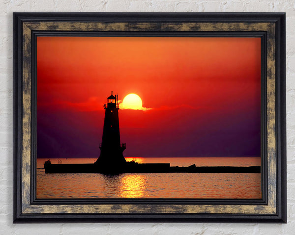 Lighthouse Sunset Red Framed Print