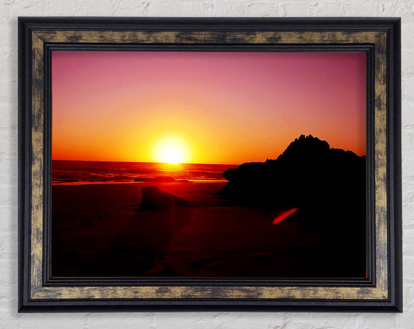 Pink Sunset Horizon Over The Ocean Rocks Framed Print