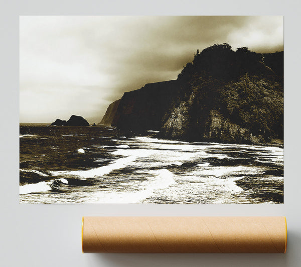 Sepia Ocean Rocks Print