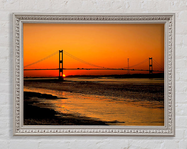 Bridge Afar Orange Sunset Framed Print