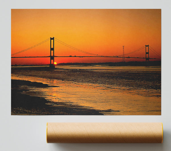 Bridge Afar Orange Sunset Giclee Print