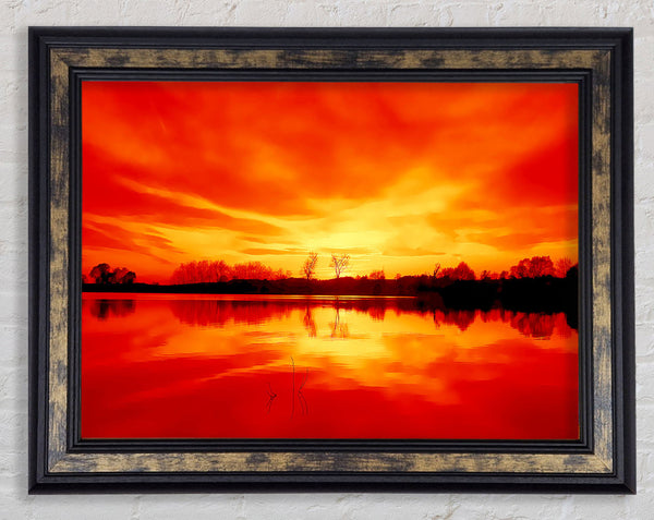 Stunning Lake At Sunset Orange Framed Print