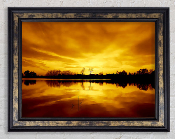 Stunning Lake At Sunset Golden Framed Print