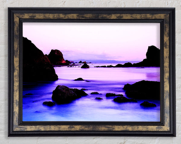 Lilac Blue Ocean Rocks Framed Print