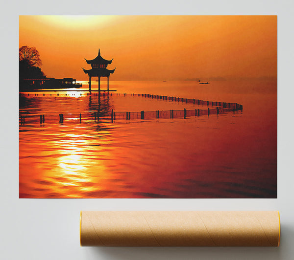 Sunset Orange Lake Calm Poster