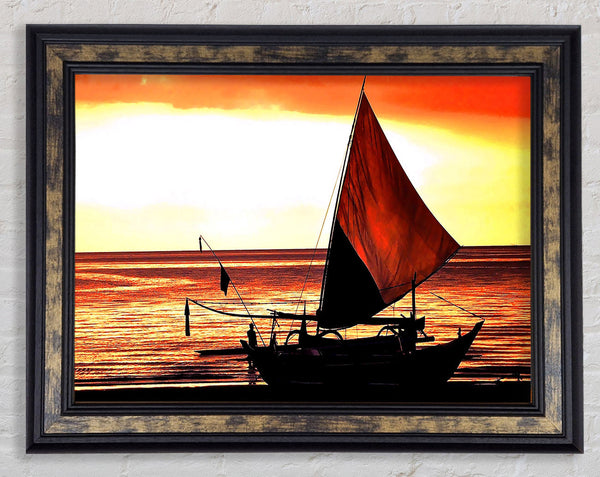 Beautiful Sail Boat At Sunset Framed Print