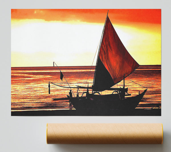 Beautiful Sail Boat At Sunset Print