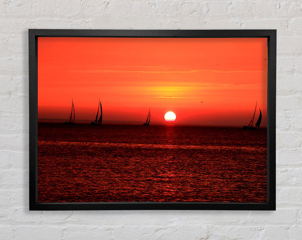 Sunset Boats In The Ocean Framed Print