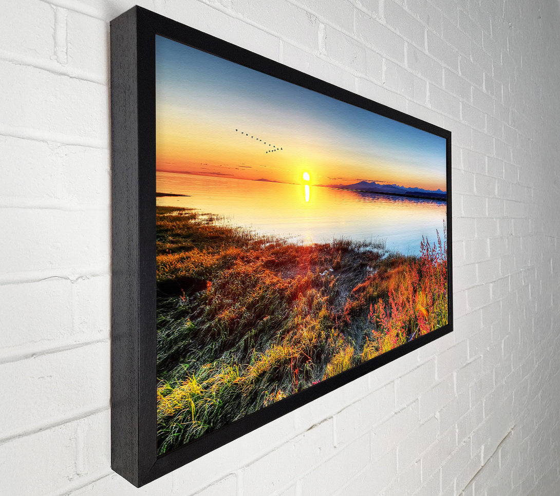  A Canvas Print of Migratory Birds Flying Over The Mountain Lake Canvas Wall Art