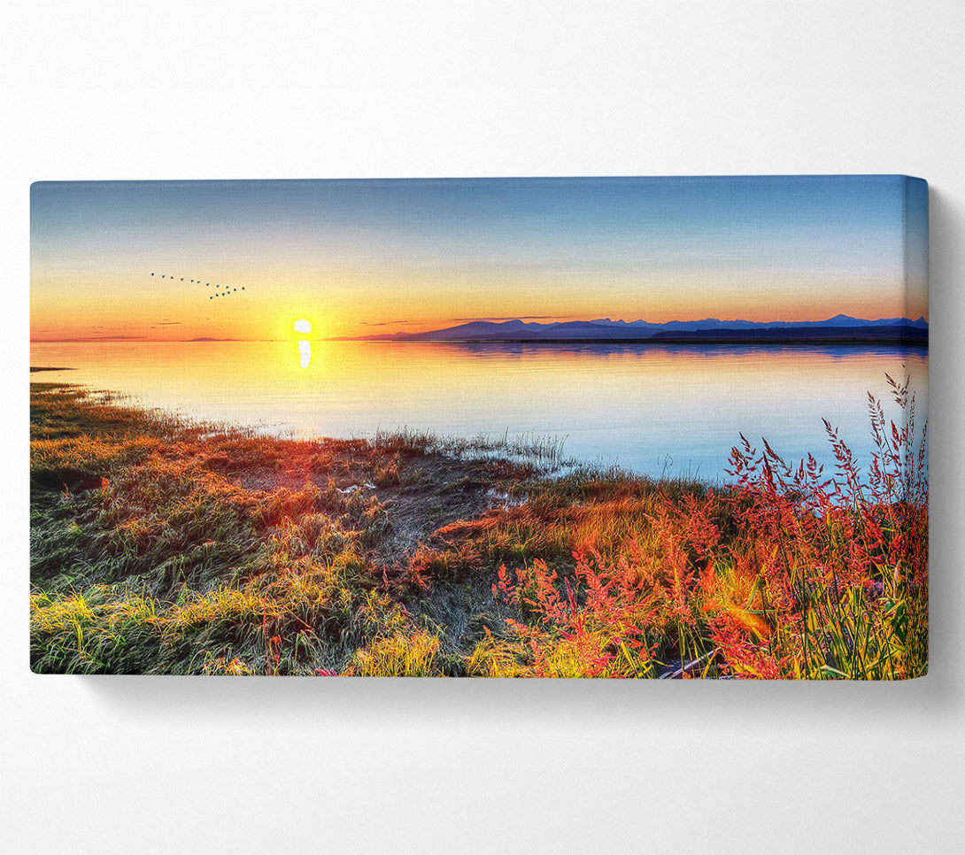  A Canvas Print of Migratory Birds Flying Over The Mountain Lake Canvas Wall Art