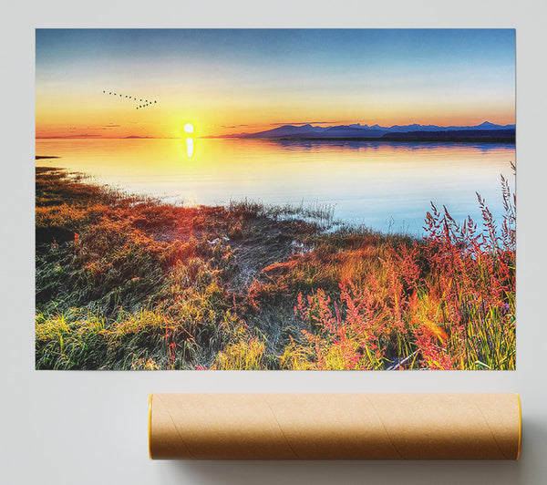 Migratory Birds Flying Over The Mountain Lake Giclee Print
